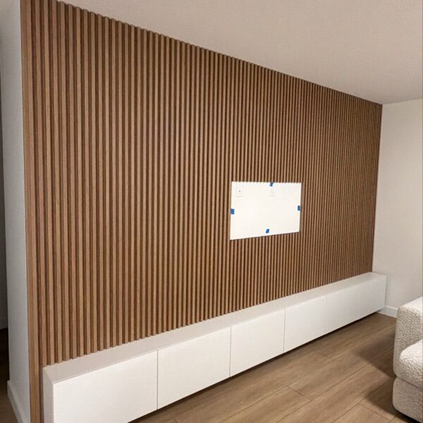 WPC light brown fluted wall panel TV feature wall with floating cabinet Calgary
