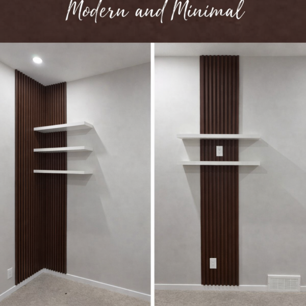 WPC dark walnut fluted wall panel with floating shelves feature wall Calgary