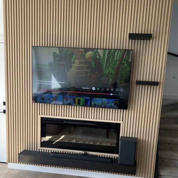 WPC light oak fluted wall panel TV wall with fireplace feature wall Calgary
