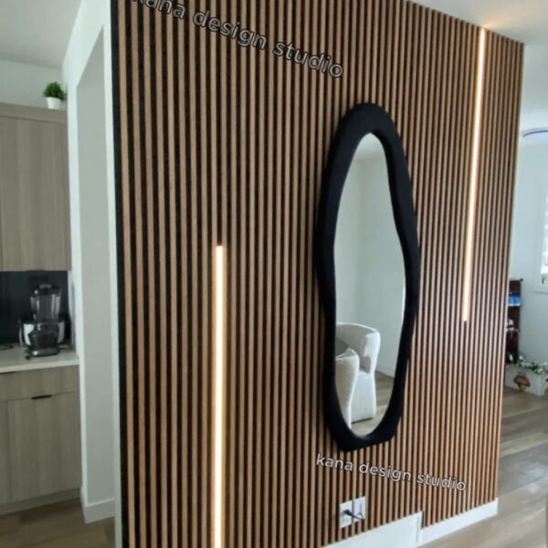 WPC fluted wall panel with mirror and LED light feature wall design Calgary
