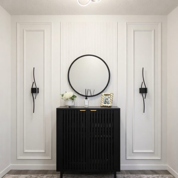 white fluted wall panel with round mirror and console table feature wall Calgary